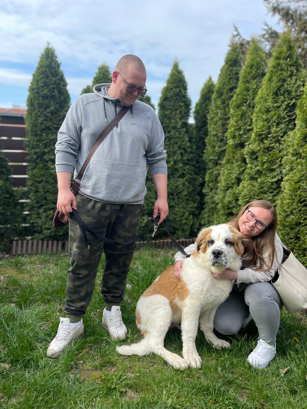 Na zdjęciu widać kobietę i mężczyznę stojących na trawie obok dużego, biało-brązowego psa na smyczy. Mężczyzna trzyma smycz, a kobieta kuca obok psa i go przytula. W tle znajdują się wysokie, zielone krzewy oraz ogrodzenie.